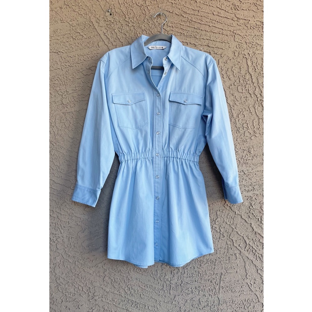 ZARA BLOGGER FAVE Light Blue Linen Blend Snap Long Sleeve Shirtdress Shirt Dress - Picture 15 of 15